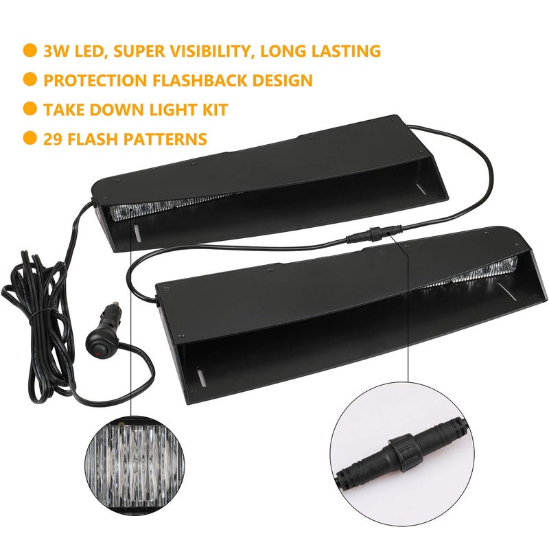 ASPL Visor lights bar 2-15 LED 29 Flash Patterns Interior Upper Windshield Split Mount Emergency Hazard Warning Strobe Light Bar Take Down Light Kit (Amber/White) - Image 4